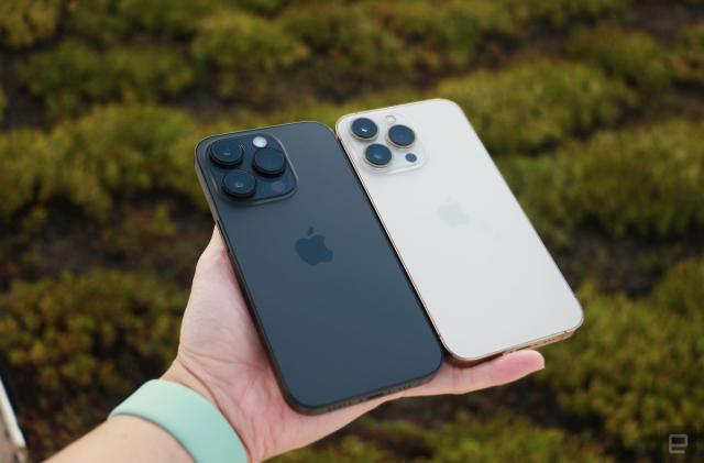 A black iPhone 14 Pro and gold iPhone 13 Pro held next to each other in one hand, against a background of green leaves.