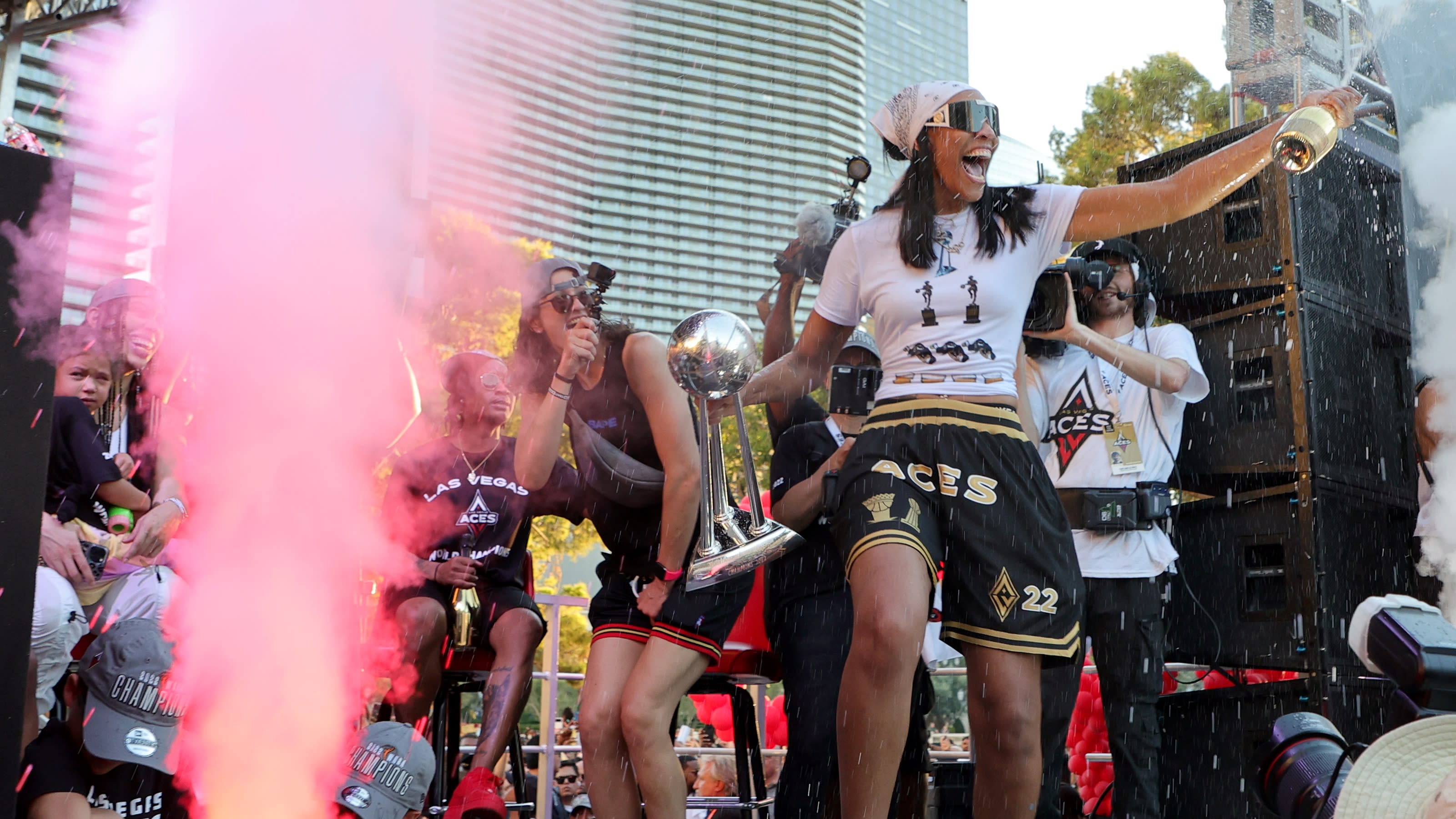 A'ja Wilson at The Aces Championship Parade Las Vegas Aces Shirt