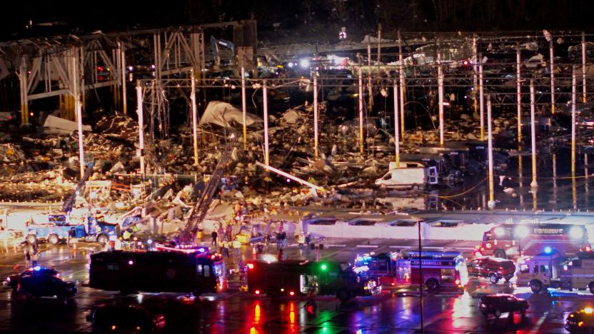 Emergency crews respond to a collapsed Amazon.com warehouse after a tornado passed through Edwardsville, Illinois, U.S., December 10, 2021 in a still image taken from drone video obtained on December 11, 2021. Chris Phillips/Maverick Media Group, LLC via REUTERS  THIS IMAGE HAS BEEN SUPPLIED BY A THIRD PARTY. MANDATORY CREDIT