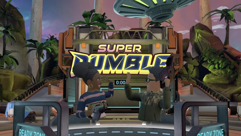 A screenshot showing the Super Rumble logo with avatars of two players giving each other a high five.