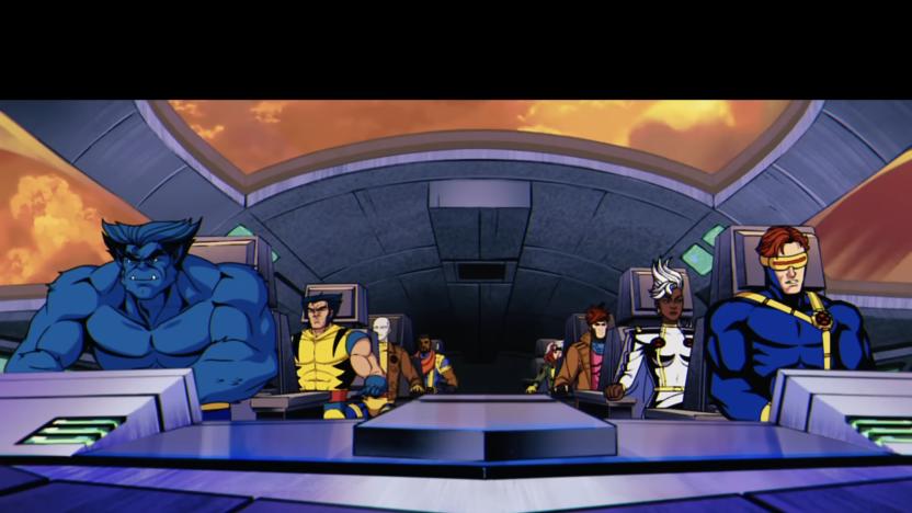 A still of an animated series featuring a group of people wearing spandex inside an aircraft.