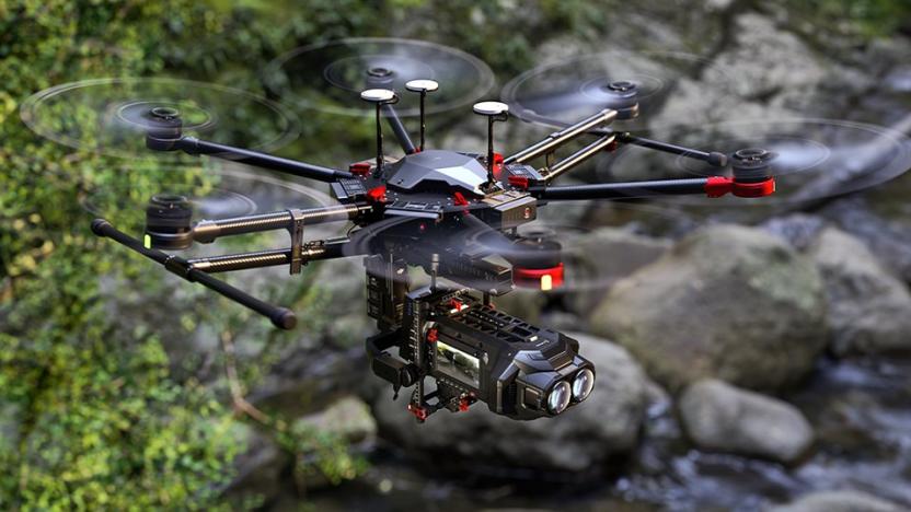 A camera attached to a flying drone.