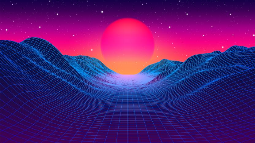 80s synthwave styled landscape with blue grid mountains and sun over arcade space planet canyon