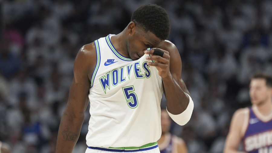 Associated Press - Minnesota Timberwolves guard Anthony Edwards (5) walks on the court during the first half of Game 2 of the team's NBA basketball first-round playoff series against the Phoenix Suns, Tuesday, April 23, 2024, in Minneapolis. (AP Photo/Abbie Parr)