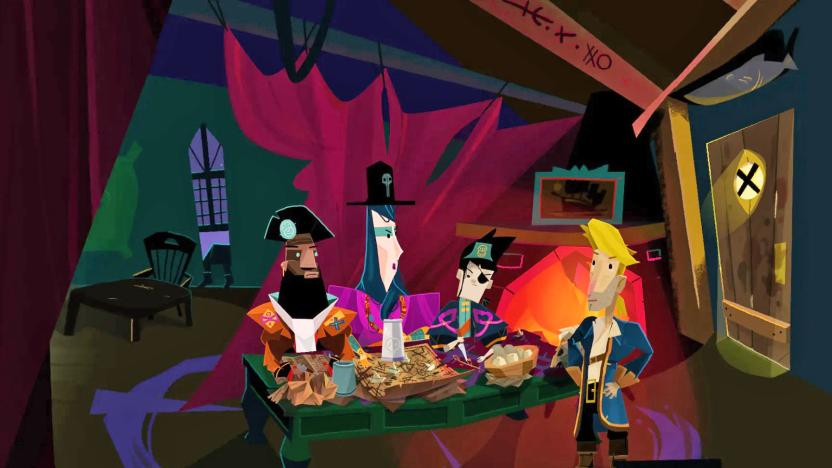 A promo image for the video game 'Return to Monkey Island' showing four cartoon-style pirates sitting around a table in an oddly angled and surreal room.