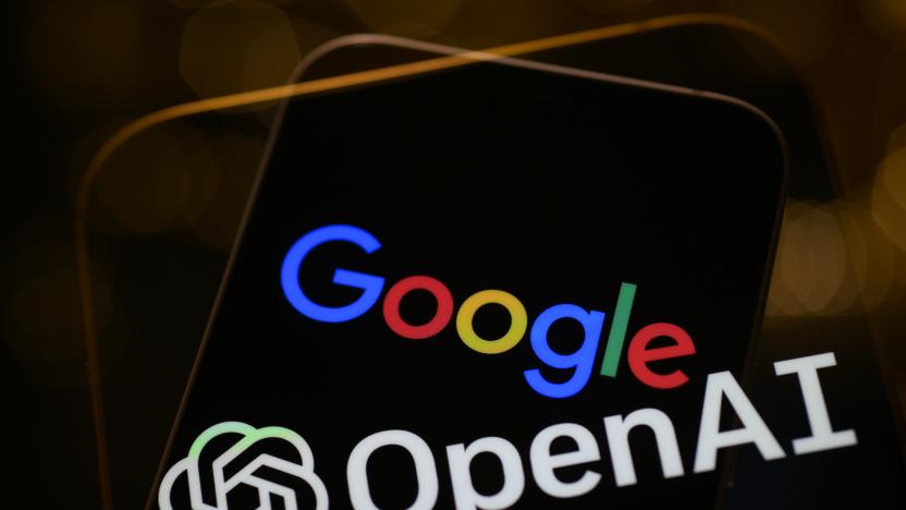 The OpenAI ChatGPT and Google logos are seen on mobile devices in this photo illustration in Warsaw, Poland on 09 February, 2023. Google on Monday announced the development of its own OpenAI ChatGPT competitor called Bard after Microsoft last week announced the indroduction of AI assisted search for its Bing search engine. (Photo by Jaap Arriens/NurPhoto via Getty Images)