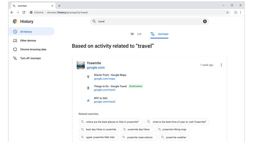 'Journeys' in Google Chrome on desktop