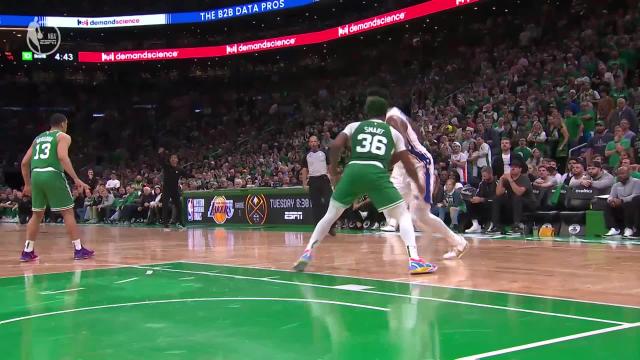 Joel Embiid with an and one vs the Boston Celtics