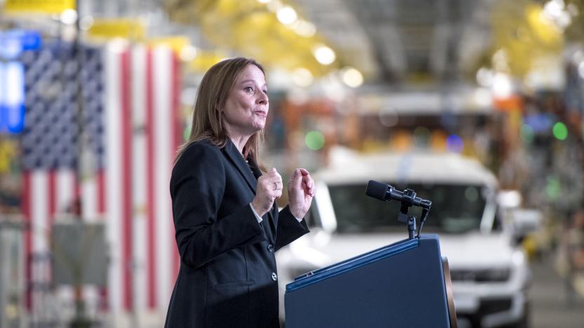 DETROIT, MI - NOVEMBER 17: General Motors CEO Mary Barra speaks at the company's Factory ZERO electric vehicle assembly plant on November 17, 2021 in Detroit, Michigan. U.S. President Joe Biden touted the benefits of the infrastructure bill he signed two days ago that allocates $1 trillion for, among other things, adding electric vehicle charging stations around the country as automakers retool away from the internal comubustion engine.  (Photo by Nic Antaya/Getty Images)