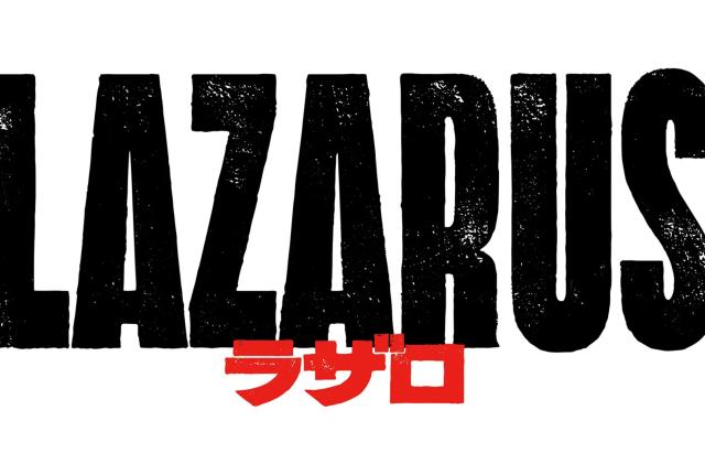 A title card for the upcoming Adult Swim series called 'Lazarus'. The word is in distressed black lettering with Japaneses katakana text in red below it.