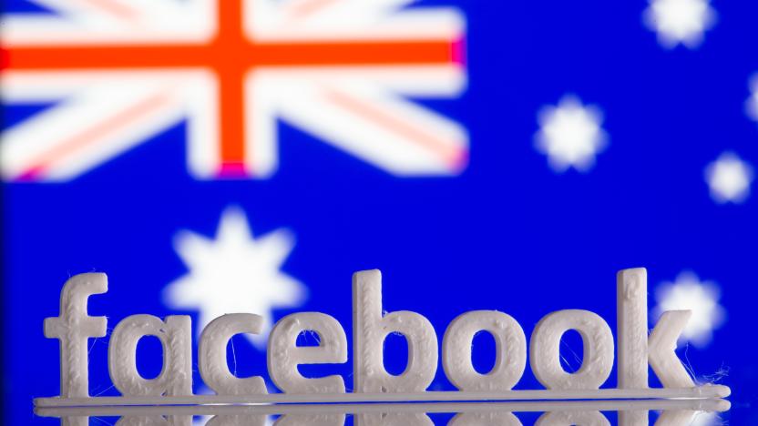 A 3D printed Facebook logo is seen in front of displayed Australia's flag in this illustration photo taken February 18, 2021. REUTERS/Dado Ruvic/Illustration