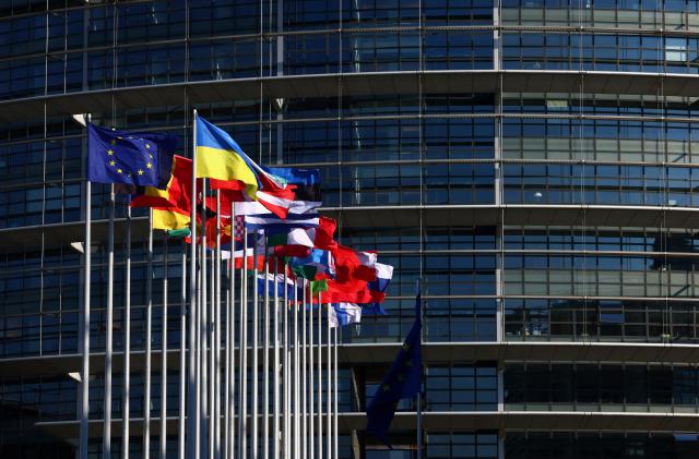 Flags flutter outside of the European Parliament in Strasbourg, France June 12, 2023.  REUTERS/Yves Herman