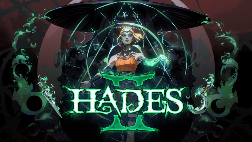 Hades II title screen, showing the protagonist, Melinoë. She stands casting a spell with groovy mystical art surrounding her.