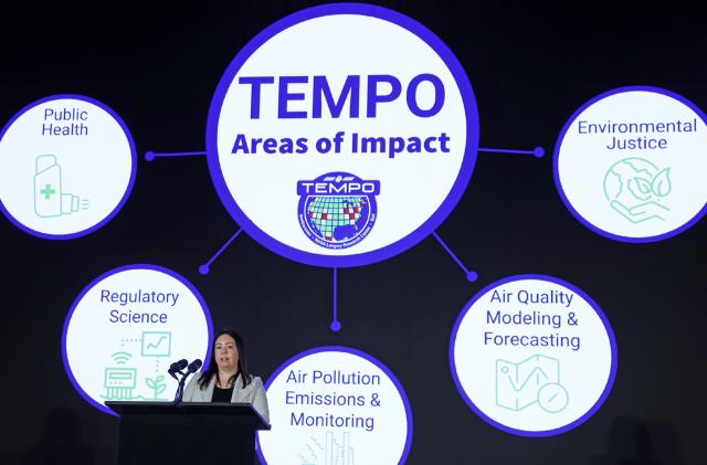 WASHINGTON, DC - MARCH 14: Applied Sciences Health and Air Quality Associate Program Manager at NASA Laura Judd speaks during a news briefing on NASA’s TEMPO instrument at the Smithsonian National Air and Space Museum on March 14, 2023 in Washington, DC. The NASA and the Smithsonian Astrophysical Observatory hold a briefing on NASA's TEMPO (Tropospheric Emissions: Monitoring of Pollution) instrument, "the first space-based instrument to observe major air pollutants across North America every hour during the daytime." (Photo by Alex Wong/Getty Images)