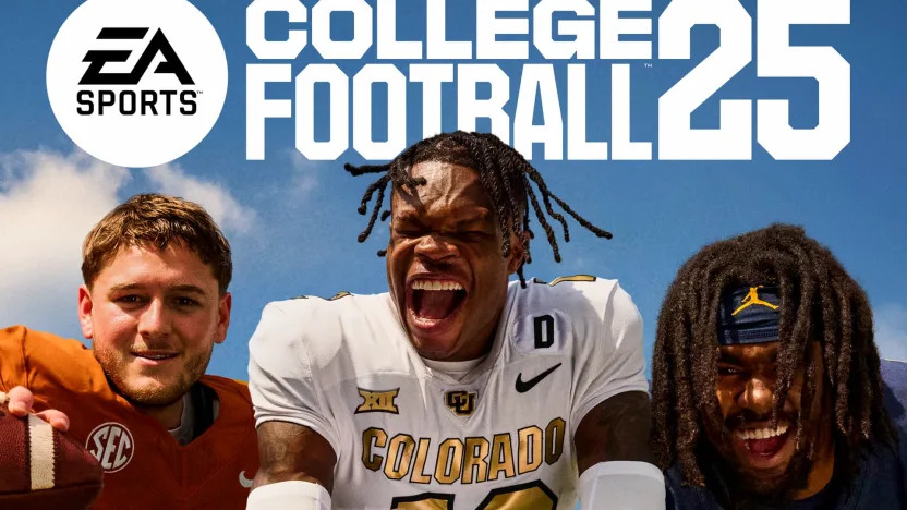 EA Sports College Football 25 cover, featuring three players.