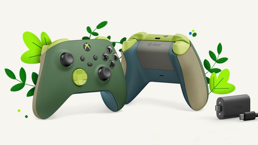 Microsoft marketing image of two Xbox Wireless Controller – Remix Special Editions. The one on the left shows the controller's front, while the back is on the right. Digital art of plants sprouting from the gamepads. An Xbox rechargeable battery pack is on the lower right.