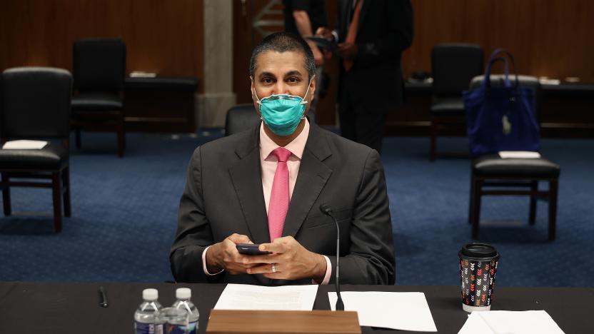 WASHINGTON, DC - JUNE 16: FCC Chairman, Ajit Pai, sits at the witness table before testifying before a Senate Appropriations Subcommittee on Capitol Hill June 16, 2020 in Washington, DC. The hearing’s focus is on oversight of the Federal Communications Commission spectrum auctions program for fiscal year 2021. (Photo by Chip Somodevilla/Getty Images)