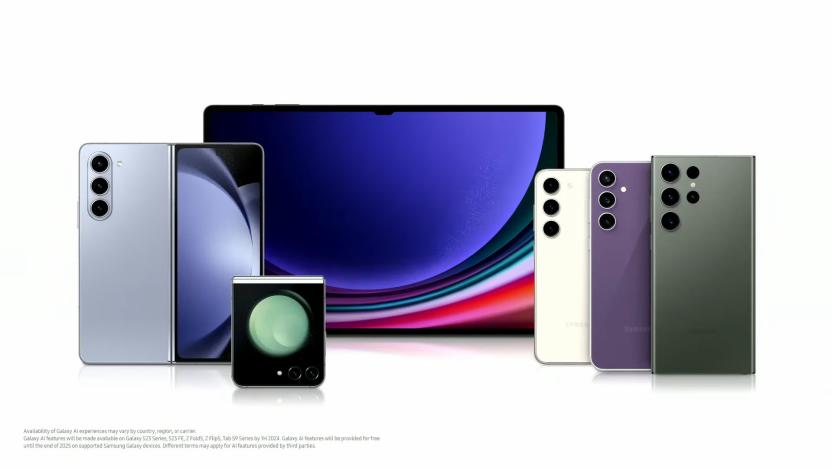 Samsung's new Galaxy AI features are being ported over to last year's flagship devices which includes the S23, S23 FE, Tab S9, Z Fold 5 and Z Flip 5, all shown here against a white background.