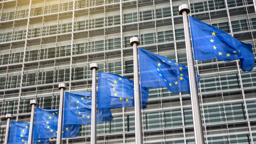 European Union flags in front of the Berlaymont building (European commission) in Brussels, Belgium.