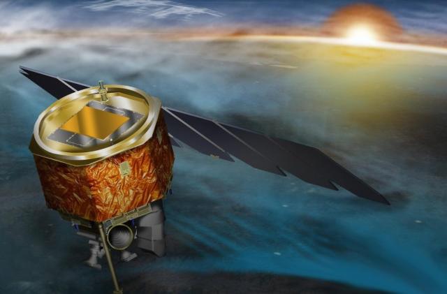 An artist's rendering of NASA's AIM spacecraft in orbit around the Earth. 