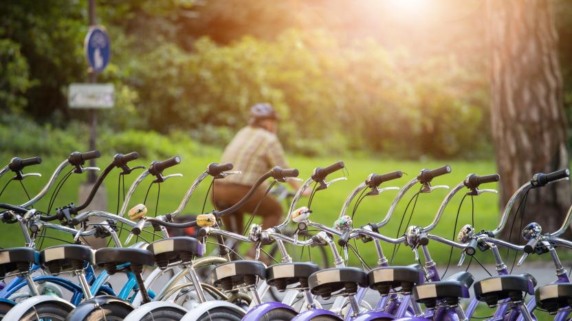 Row of bikes in rental agency, city mobility