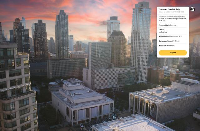 Image of the New York City skyline that was taken with the Leica M11- P, and now includes Content Credentials at the point of capture to protect the authenticity of images. This image shows a preview of its Content Credentials digital nutrition label It allows information such as names, dates, changes made and tools used to be securely attached, creating awareness of the file's origin.