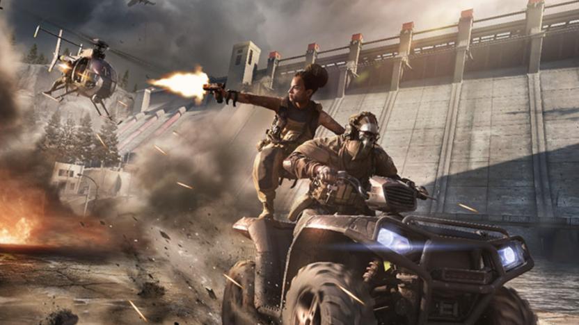 Graphics rendering of a video game character driving a four-wheel vehicle while another character riding behind them shoots at enemies outside the frame. 