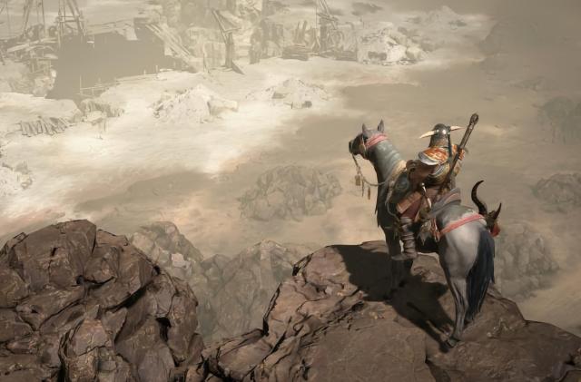 Artwork from the upcoming ‘Diablo IV,’ featuring an armored warrior on horseback standing at a cliff, overlooking a world far below.