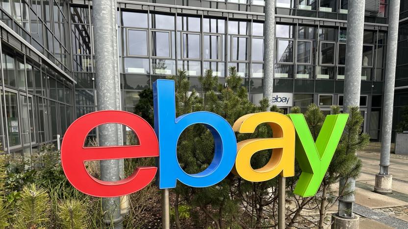 27 February 2023, Brandenburg, Kleinmachnow: The logo of the digital marketplace Ebay in front of the Germany headquarters in Kleinmachnow near Berlin. Ebay will stop charging private sellers in Germany from March 1, 2023, in a bid to boost business on the platform overall. Photo: Christoph Dernbach/dpa (Photo by Christoph Dernbach/picture alliance via Getty Images)