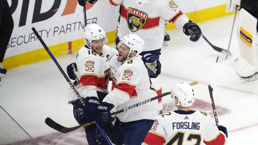Associated Press - Florida Panthers' Aleksander Barkov (16) celebrates after his goal with Kyle Okposo (8), Gustav Forsling (42) and Vladimir Tarasenko (10) during the third period in Game 4 of an NHL hockey Stanley Cup second-round playoff series against the Boston Bruins, Sunday, May 12, 2024, in Boston. (AP Photo/Michael Dwyer)