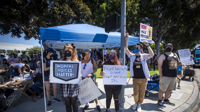 Irvine, CA - July 28: Several hundred Activision Blizzard employees stage a walkout which they say is in a response from company leadership to a lawsuit highlighting alleged harassment, inequality, and more within the company outside the gate at Activision Blizzard headquarters on Wednesday, July 28, 2021 in Irvine, CA. (Allen J. Schaben / Los Angeles Times via Getty Images)