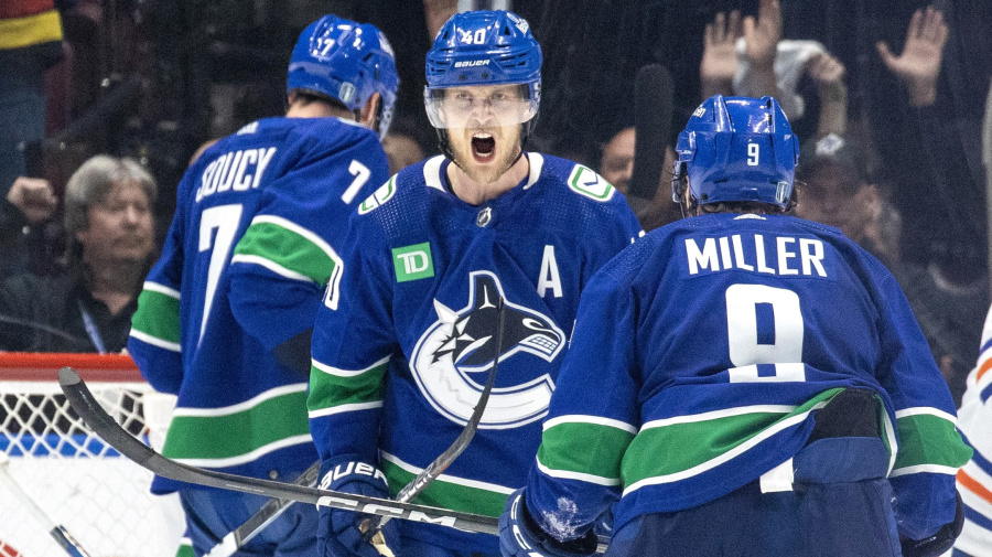 Getty Images - VANCOUVER, CANADA - MAY 8: Elias Pettersson #40 of the Vancouver Canucks celebrates the Vancouver Canucks win against the Edmonton Oilers in Game One of the Second Round of the 2024 Stanley Cup Playoffs at Rogers Arena on May 8, 2024 in Vancouver, British Columbia, Canada. Vancouver won 5-4. (Photo by Jeff Vinnick/NHLI via Getty Images)