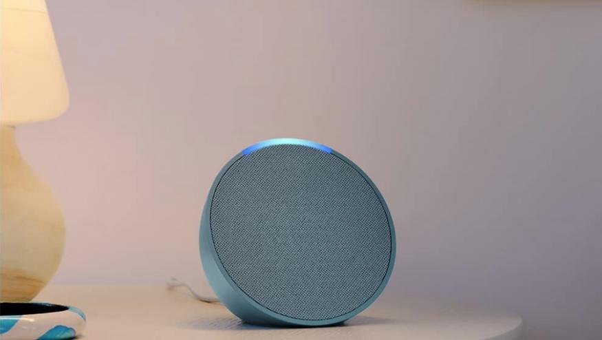 A smart speaker on a table.