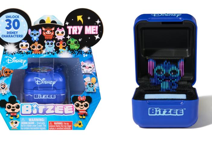 The packaging for Bitzee Disney (left) and a Bitzee Disney device open, displaying the character Stitch (right)