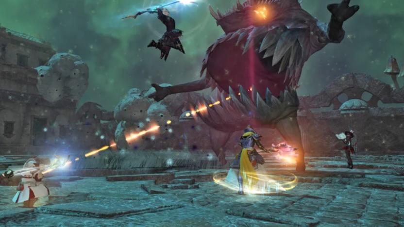 An image of Final Fantasy 14 showing players fighting a monster.