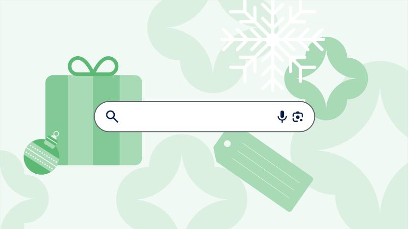 Google illustration promoting holiday shopping in Google search. A search bar sits in the center, flanked by green vector images of gifts, ornaments and tags.