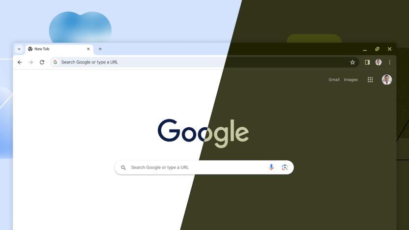 A Google chrome browser showing light and dark mode with a diagonal line down the middle. 