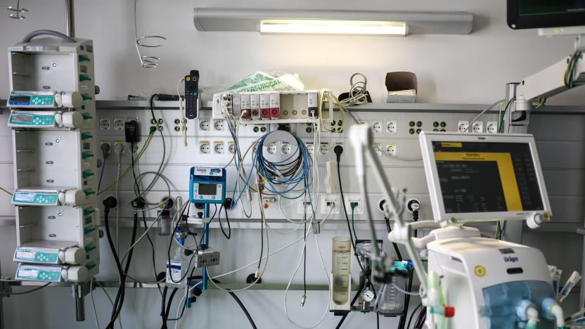 The connections for a patient bed with a respirator are seen in the intensive care unit at the University hospital of Aachen, western Germany, on April 15, 2020 during the novel coronavirus COVID-19 pandemic. (Photo by Ina FASSBENDER / AFP) (Photo by INA FASSBENDER/AFP via Getty Images)