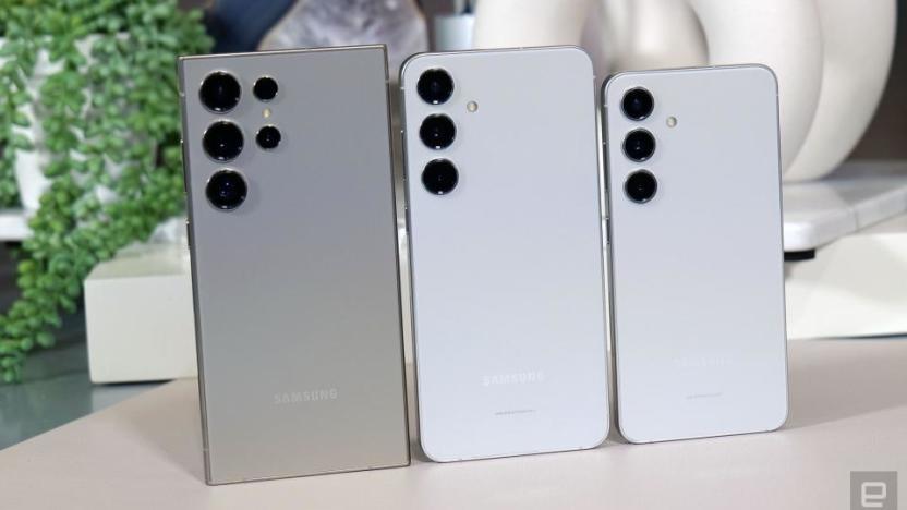 Photo of Samsung’s three 2024 Galaxy S24 handsets lined up. Left to right: Galaxy S24 Ultra, Galaxy S24 Plus, Galaxy S24.