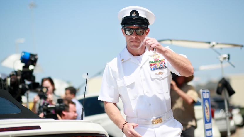 SAN DIEGO, CA - JULY 02: Navy Special Operations Chief Edward Gallagher walks out of military court during lunch recess on July 2, 2019 in San Diego, California. Jury deliberations begin today for Chief Gallagher, who is on trial for war crimes for shooting of unarmed civilians in Iraq in 2017, including a school-age girl, and with killing a captured teenage ISIS fighter with a knife while deployed. (Photo by Sandy Huffaker/Getty Images)