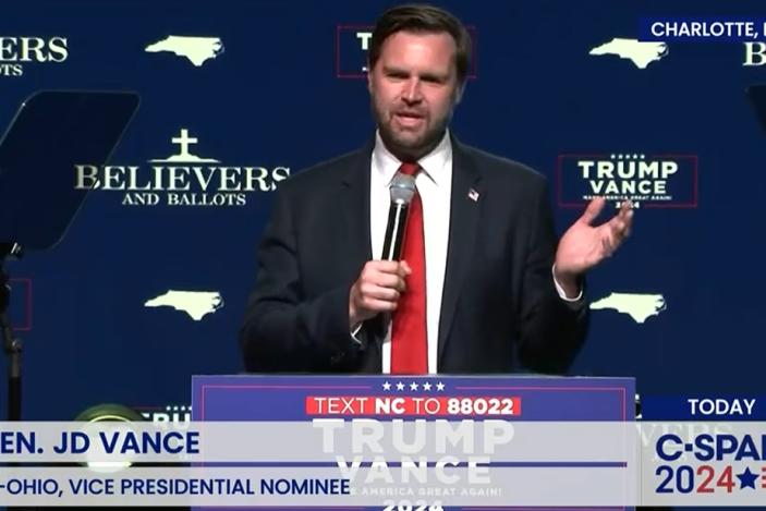 Republican vice presidential candidate JD Vance speaks at the Believers and Ballots rally in Charlotte, North Carolina. 