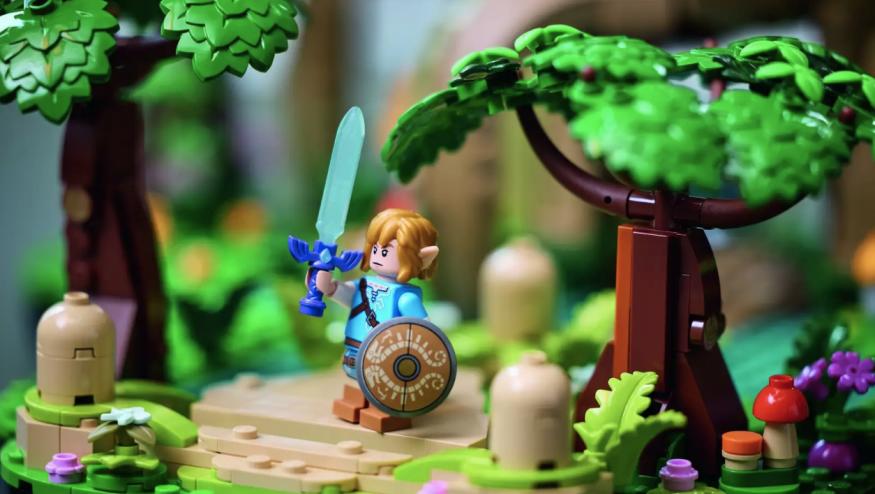 Lego Link holding up the Master Sword.