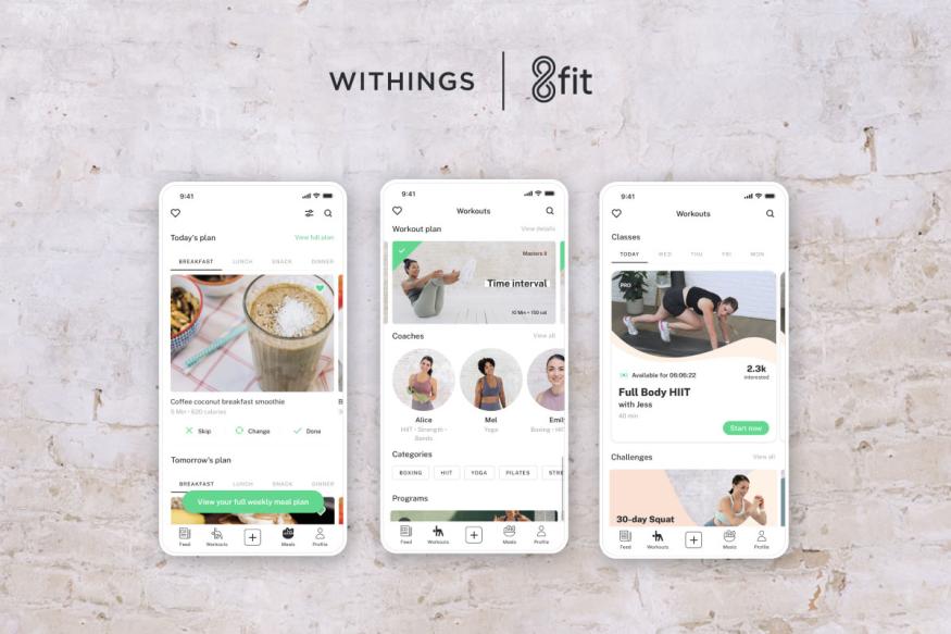 Screenshots of 8Fit's app with Withings logo.