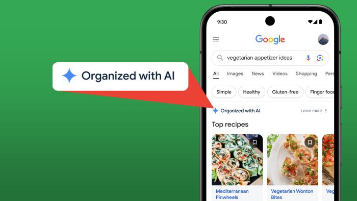 Screenshot of an Android phone showing Google AI-organized search results. A bubble extends out from the phone, highlighting the part that says, "Organized with AI." Green background.