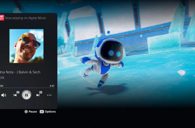 A screenshot showing an Apple Music playback tab on PlayStation 5 while the user is playing Astro's Playroom. 