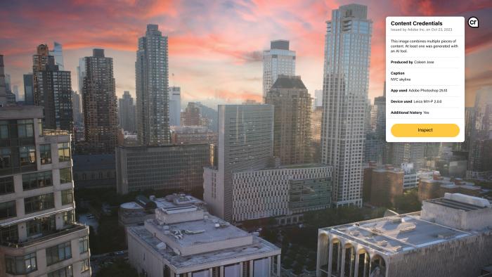 Image of the New York City skyline that was taken with the Leica M11- P, and now includes Content Credentials at the point of capture to protect the authenticity of images. This image shows a preview of its Content Credentials digital nutrition label It allows information such as names, dates, changes made and tools used to be securely attached, creating awareness of the file's origin.