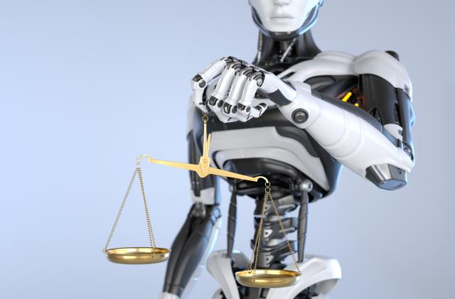 Robot android holding a Scales of Justice. 3D illustration