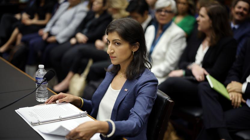 WASHINGTON, DC - JULY 13: Federal Trade Commission Chair Lina Khan prepares to testify before the House Judiciary Committee in the Rayburn House Office Building on Capitol Hill on July 13, 2023 in Washington, DC. The committee and its chairman, Rep. Jim Jordan (R-OH), have accused Khan and the commission of "mismanagement," "disregard for ethics and congressional oversight" and  "politicized rulemakings." (Photo by Chip Somodevilla/Getty Images)