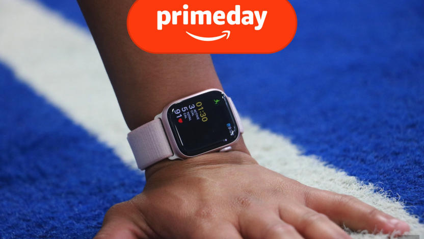 A person wears the new Apple Watch Series 9 and have their hand flat on the floor of what looks like a gym. The workout screen is displayed on the watch face. 