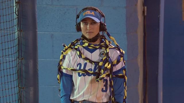 No. 2 UCLA softball's Briana Perez gets a little tangled up during her postgame interview